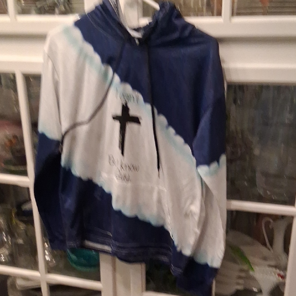 Blue and White Hoodie with Cross Design